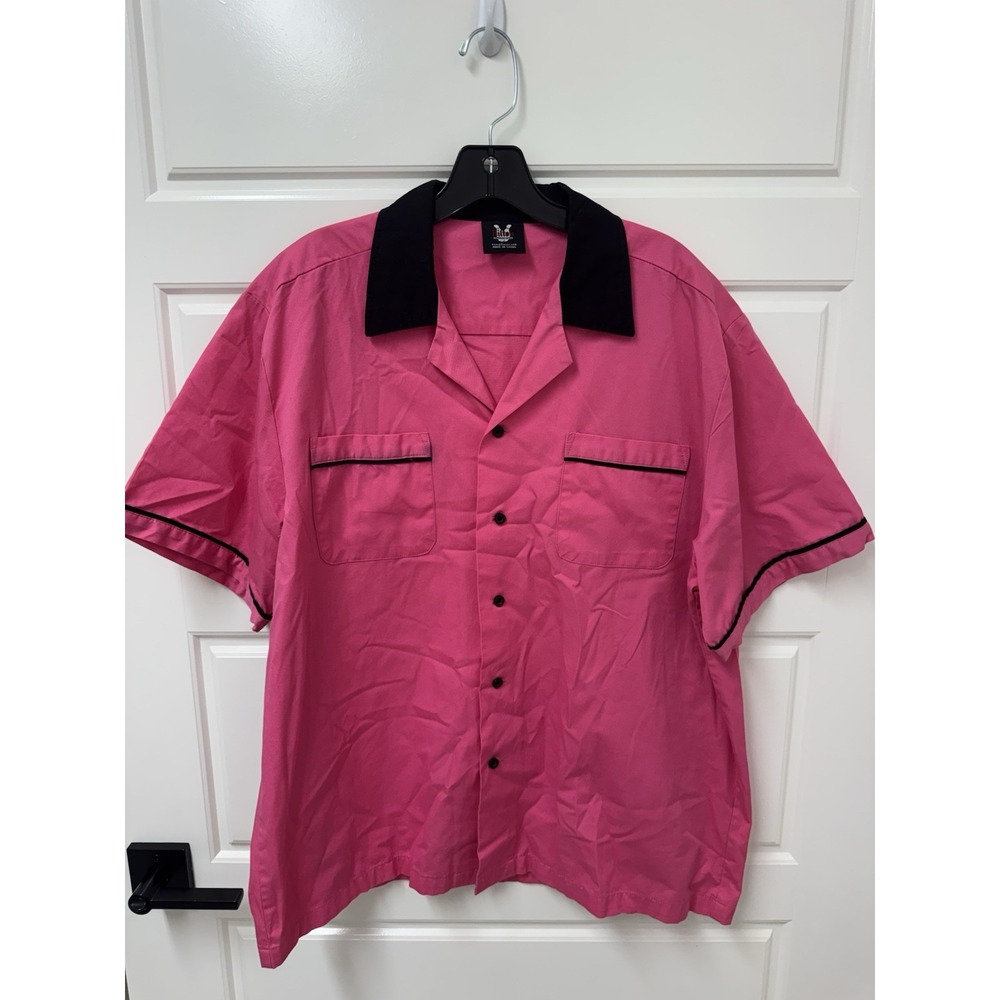 Hilton Retro Bowling Shirt Mens Large Pink Black Kingpin Short Sleeve Button Up